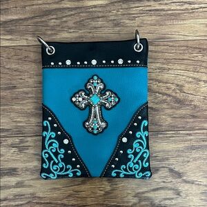 American Bling Turquoise and Black Crossbody Bag with Embellished Cross